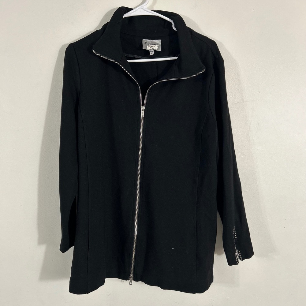 Lynn Ritchie Zip Front Jacket Women Large Black Studded Cuffs MOCK NECK
